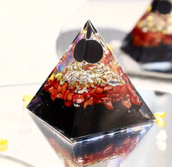 Natural stone pyramid with black onyx and coral